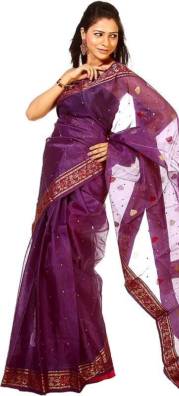 Mulberry-Purple Chanderi Sari with Brocade Weave on Border and Golden Bootis