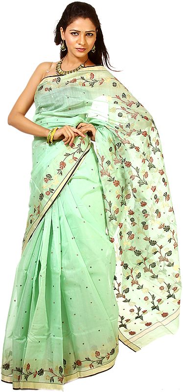 Pistachio-Green Chanderi Sari with All-Over Woven Bootis, Flowers with Leaves and Golden Border
