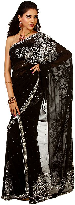 Phantom-Black Wedding Sari Heavily Beaded on Anchal