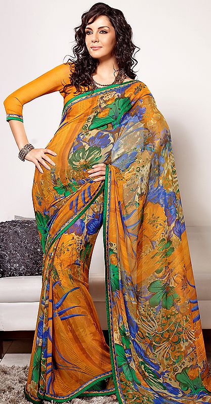 Mustard Sari with Flowers Printed All-Over