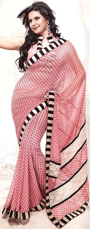 Pink Designer sari with Floral Print and Patch Border