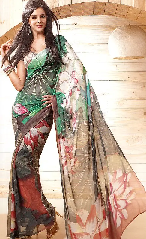 Multi-Color Designer Sari with Large Printed Flowers