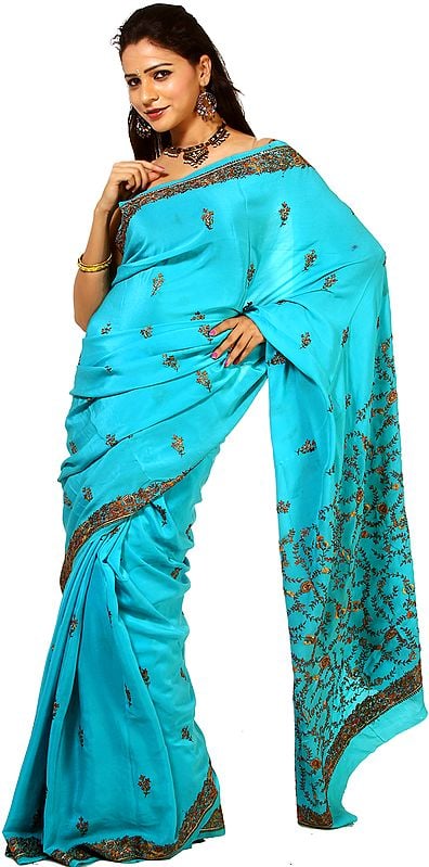 Atoll-Blue Kashmiri Crepe Silk Sari with Sozni Embroidery