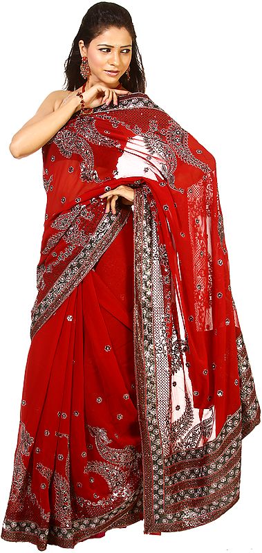 Rio-Red Wedding Sari with Sequins and Thread Work
