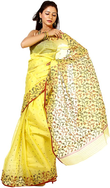 Primrose-Yellow Chanderi Sari with All-over Woven Flowers with Leaves