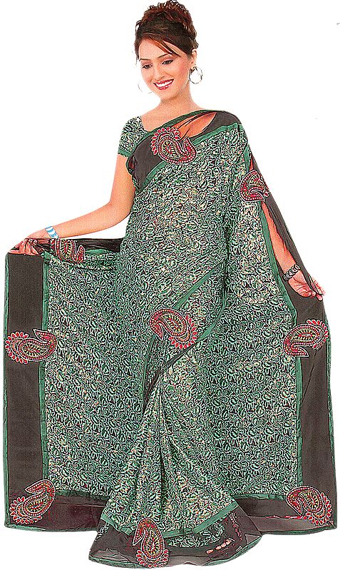 Green Printed Shimmering Sari with Embroidered Paisleys