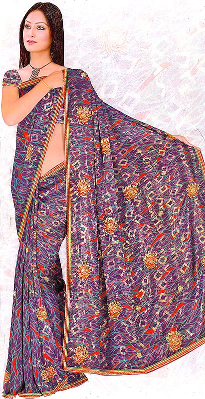 Mazarine-Blue Printed Sari with Sequins and Aari Embroidery