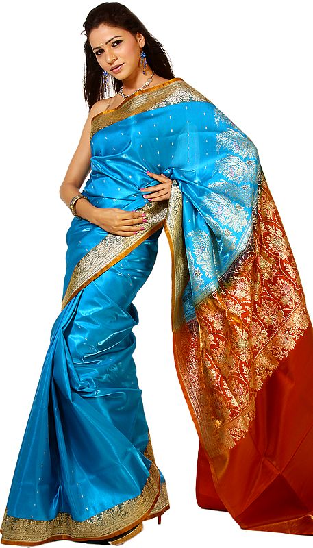 Vivid-Blue Banarasi Sari with Golden Bootis and Brocaded Aanchal