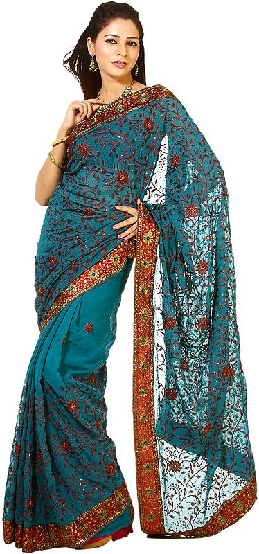 Algiers-Blue Designer Sari with Sequins and Patch Border