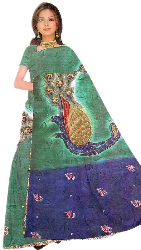 Green and Blue Sari with Printed Peacock on Aanchal