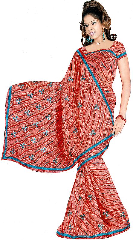 Coral Bandhani Printed Sari with Embroidered Flowers All-Over