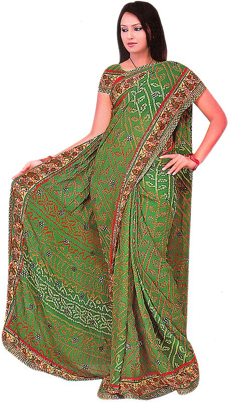 Green Bandhani Printed Sari with Sequins and  Dandiya Dance on Border