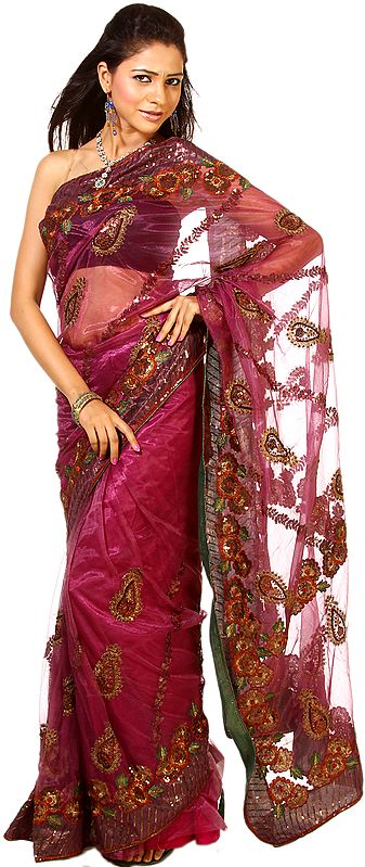 Phlox-Purple Wedding Sari with Embroidered Flowers and Paisleys All-Over