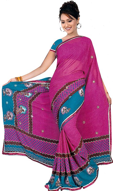 Purple and Teal Printed Sari with Embroidered Flowers