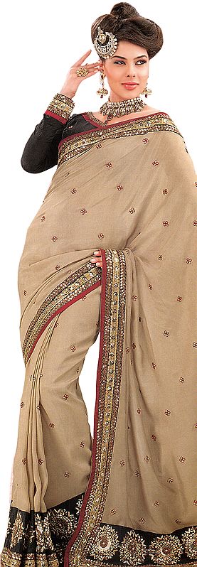 Beige Wedding  Sari with All-Over Embroidered Flowers and Sequined Border