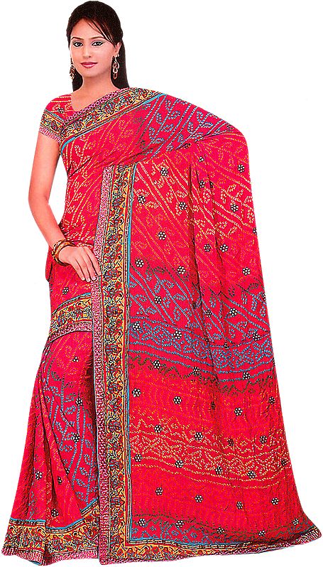 Fuchsia Bandhani Printed Sari with Sequins and Dandiya Dance on Border