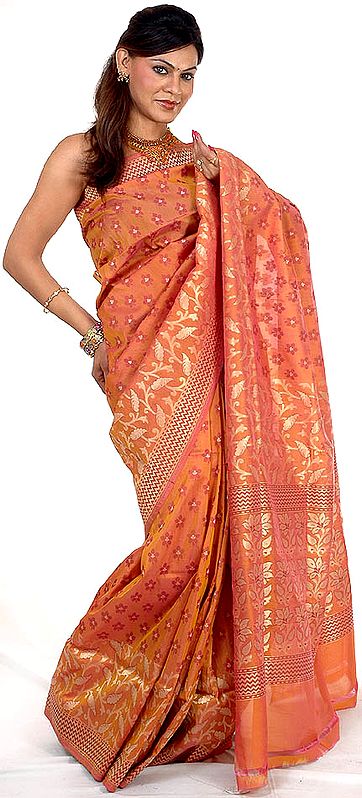 Sandy-Brown Sari from Banaras with Hand-woven Flowers