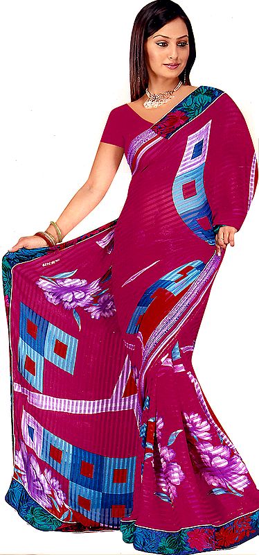 Purple Sari with Large Printed Flowers and Patch Border