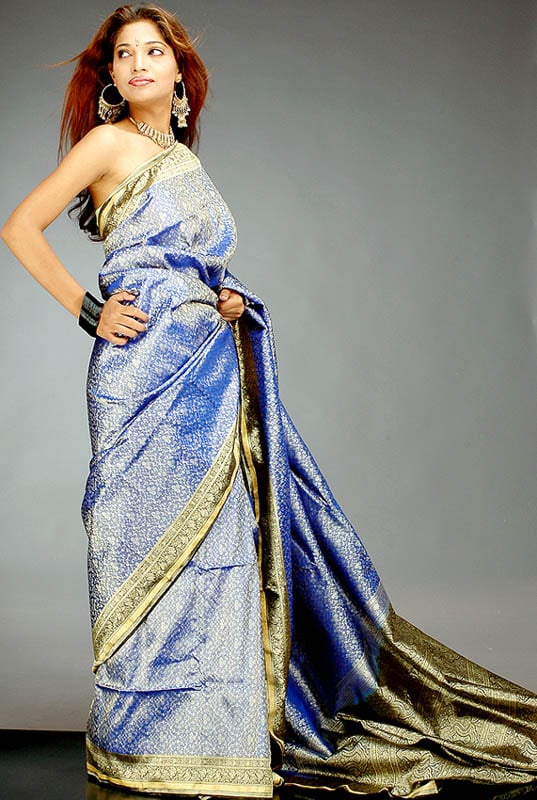 Sapphire Blue Tanchoi Sari with All-Over Jamdani Golden Thread Weave