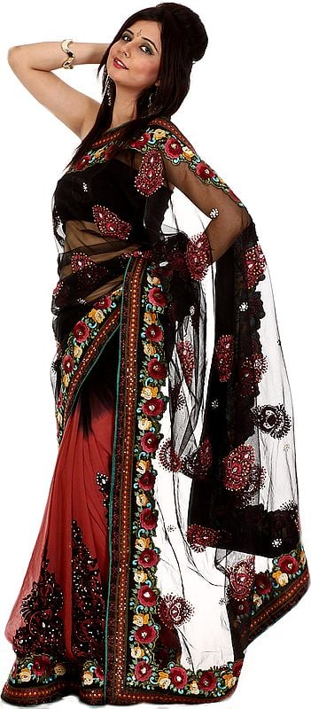 Black and Cordovan Designer Sari with Parsi Embroidered Flowers and Sequins