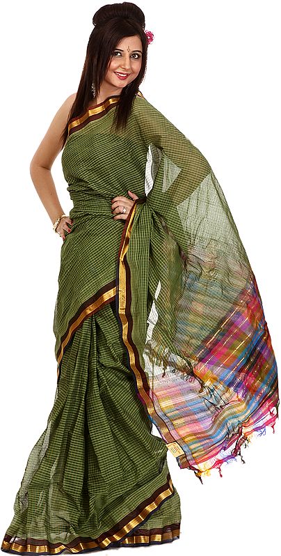 Green Handwoven Gadwal Sari with Zari Weave and Rainbow Anchal