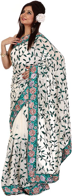 Winter-White Wedding Sari with Parsi Embroidered Roses and Jaal Embroidery