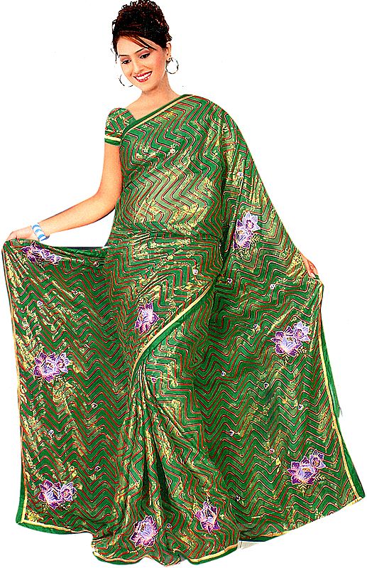 Green Printed Shimmering Sari with Crewel Embroidered Flowers