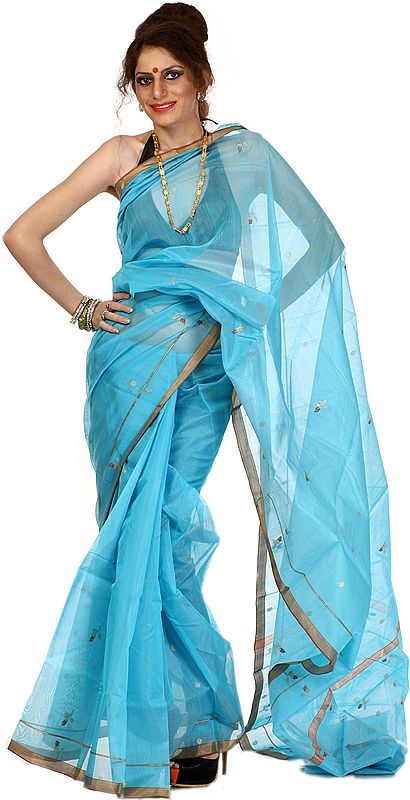 Sky-Blue Chanderi Sari with Wooven Bootis and Golden Border