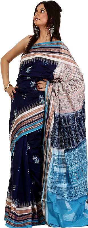Blue Handloom Bomkai Sari from Orissa with Temple Border and Woven Folk Motifs