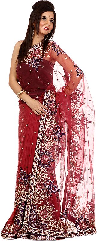 Chestnut Designer Sari with Embroidered Bootis in Metallic Thread