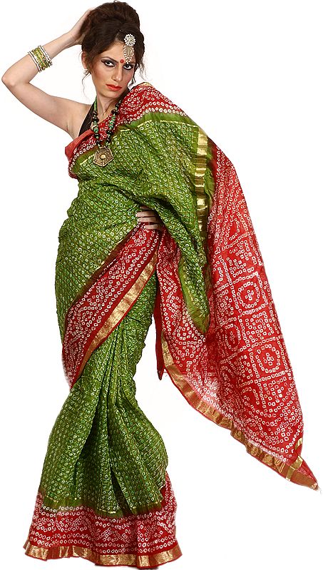 Green and Red Bandhani Gharchola Sari from Gujarat