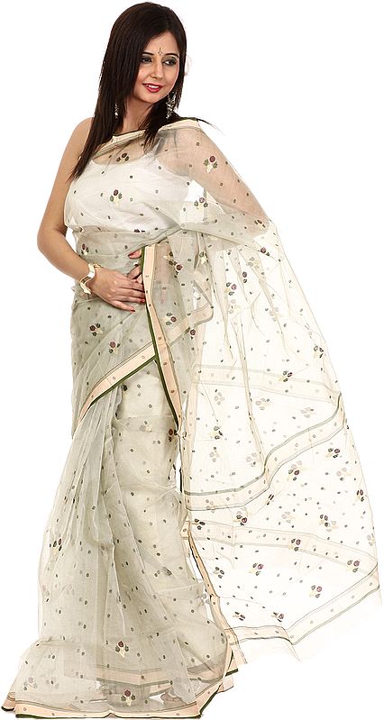 Pelican Chanderi Sari with Woven Flowers and Pin Stripes