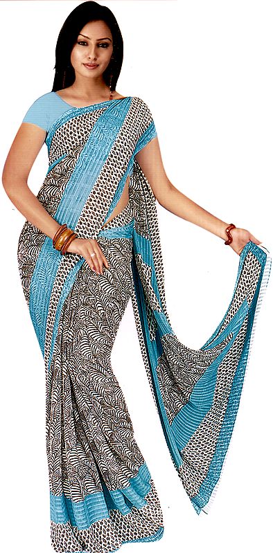 Ivory and Aqua Sari with Printed Flowers and Embroidered Bootis