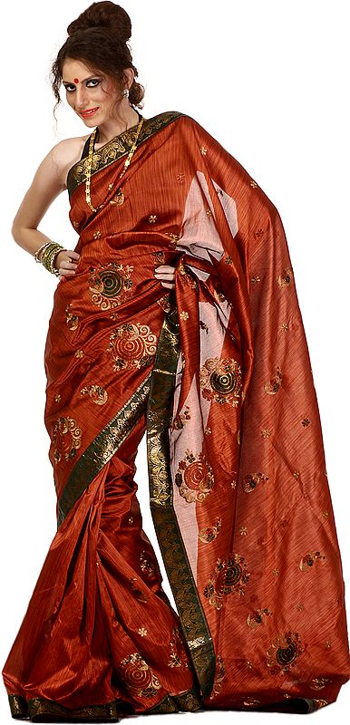Rust-Brown Banarasi Sari with Golden Thread Embroidery All-Over and Patch Border