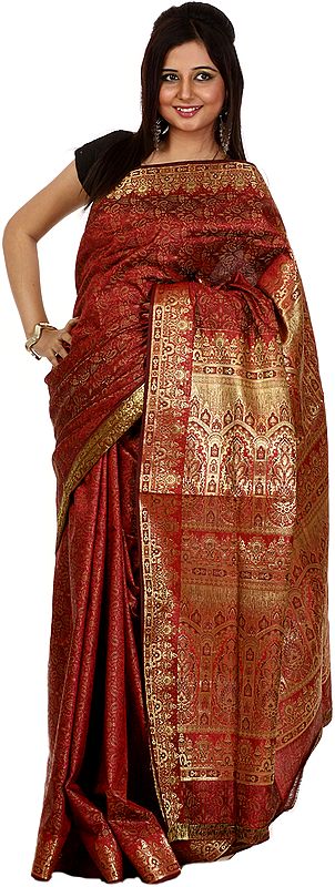Red Tanchoi Sari from Banaras with Golden Thread Weave