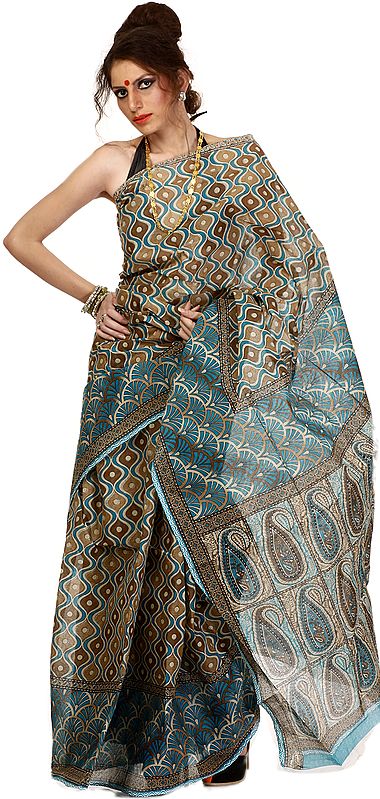 Beige and Blue Printed Sari from Bangalore