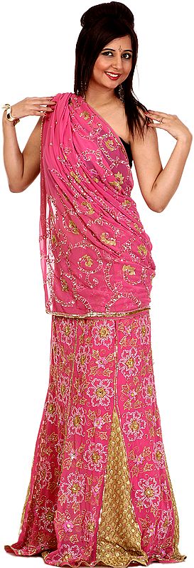 Pink and Khaki Designer Lehenga Sari with Sequins Embroidered as Flowers