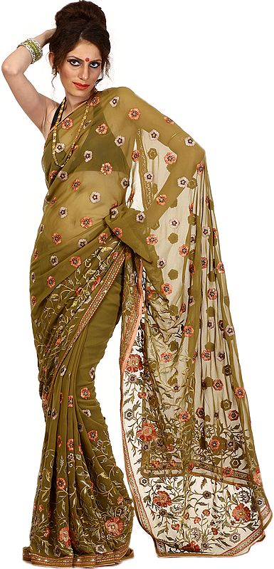 Ecru-Olive Green Sari with Parsi Embroidered Flowers and Sequins