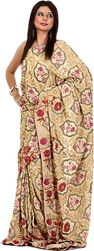 Beige Designer Jamdani Sari with Dense Heavy Embroidery All-Over