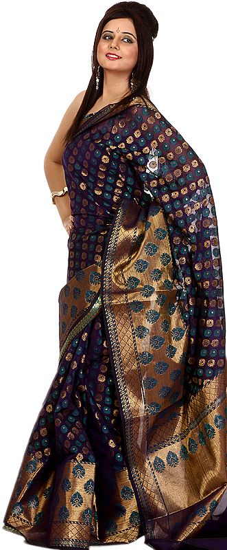 Midnight-Blue and Golden Banarasi Sari with All-Over Woven Flowers and Brocaded Aanchal