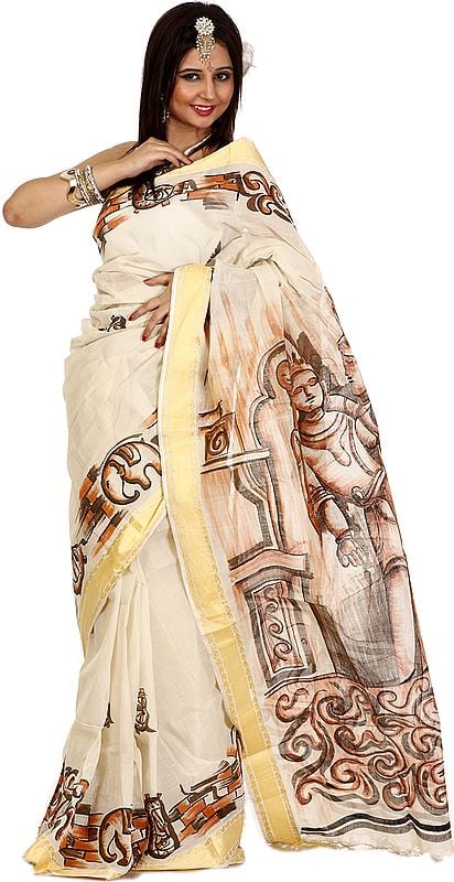 Ivory Batik Sari from Bihar with Painted Konark Motifs