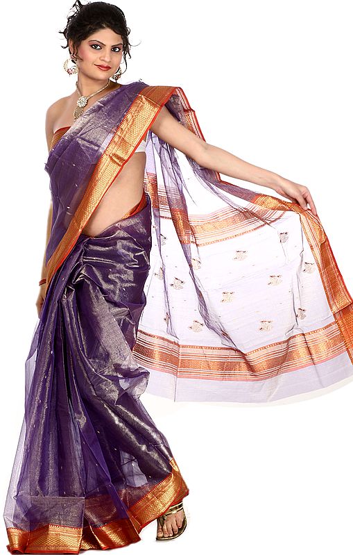 Pansy-Purple Tissue Chanderi Sari with Golden Bootis and Brocade Border