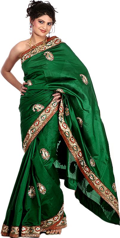 Islamic-Green Banarasi Sari with Metallic Thread Embroidered Paisleys and Patch Border