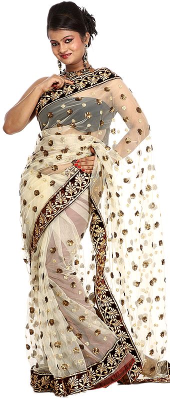 Beige Wedding Sari with All-Over Embroidered Sequins and Velvet Patch Border