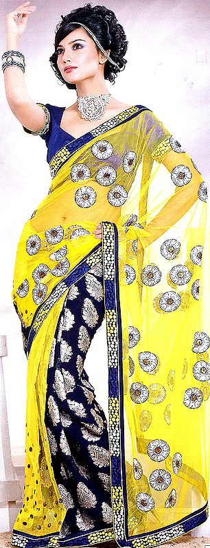 Golden-Yellow and Blue Designer Sari with Metallic Thread Embroidery and Patch Border