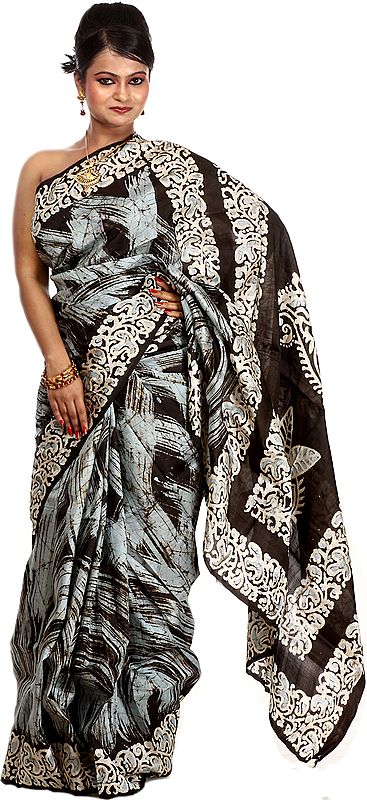 Grayish-Blue and Black Batik Sari from Kolkata