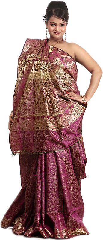 Byzantium-Purple Banarasi Sari with All-Over Tanchoi Weave