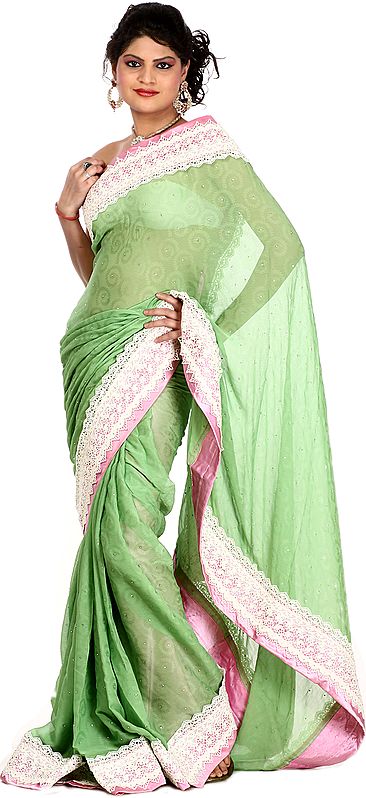 English-Ivy Green and Pink Designer Sari with Mokaish Work Crochet Border