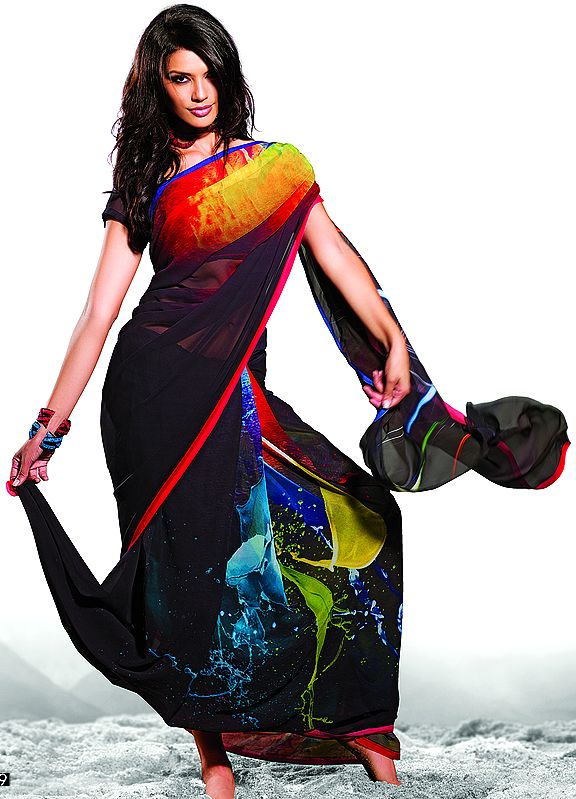 Black-Ink Designer Sari with Modern Print