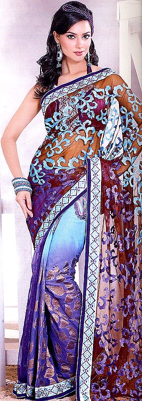 Imperial-Purple Shaded Designer Sari with All-Over Thread work in Blue and Patch Border